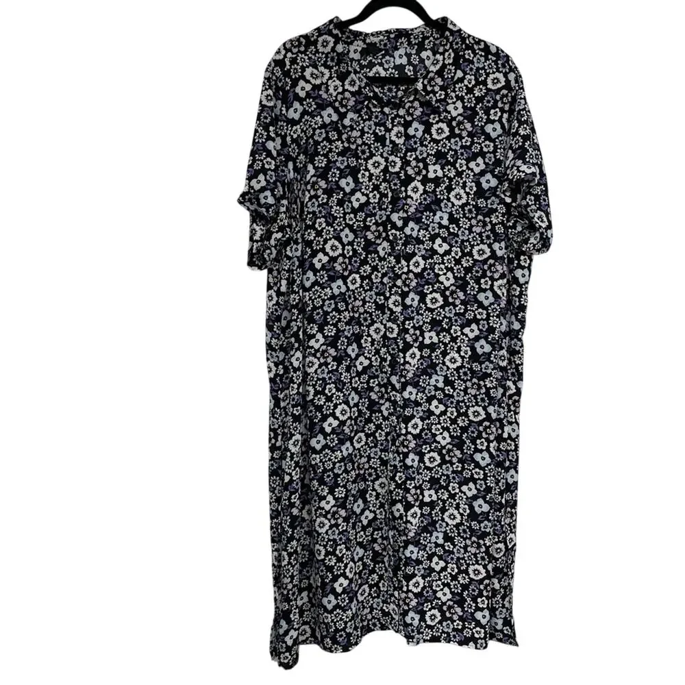 Lane Bryant Black & Purple Floral Button Down Short Sleeve Tunic Top Women 22/24